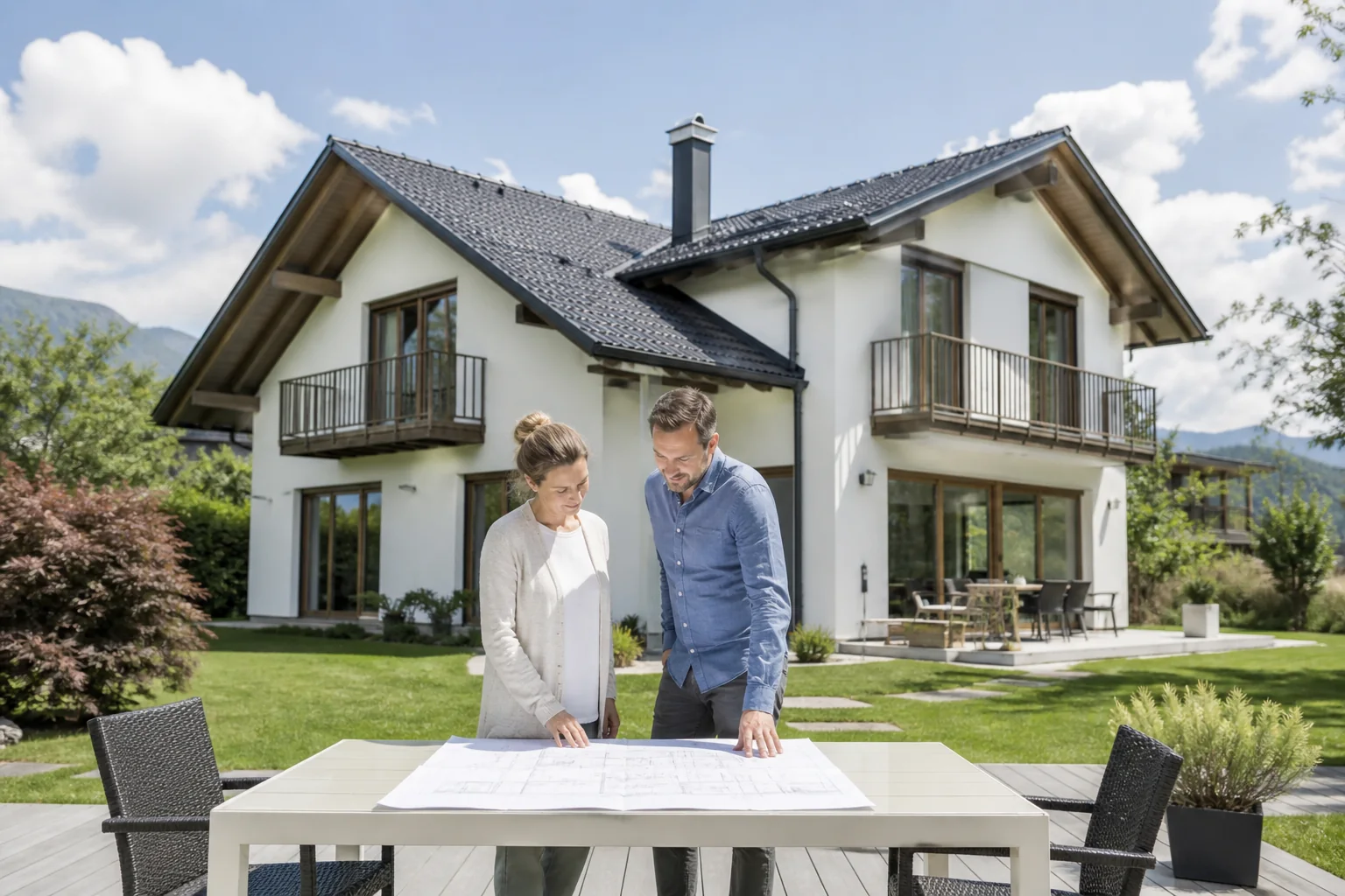 Eigentümer ordnen neutrale Bauplanunterlagen zu einem österreichischen Wohnhaus